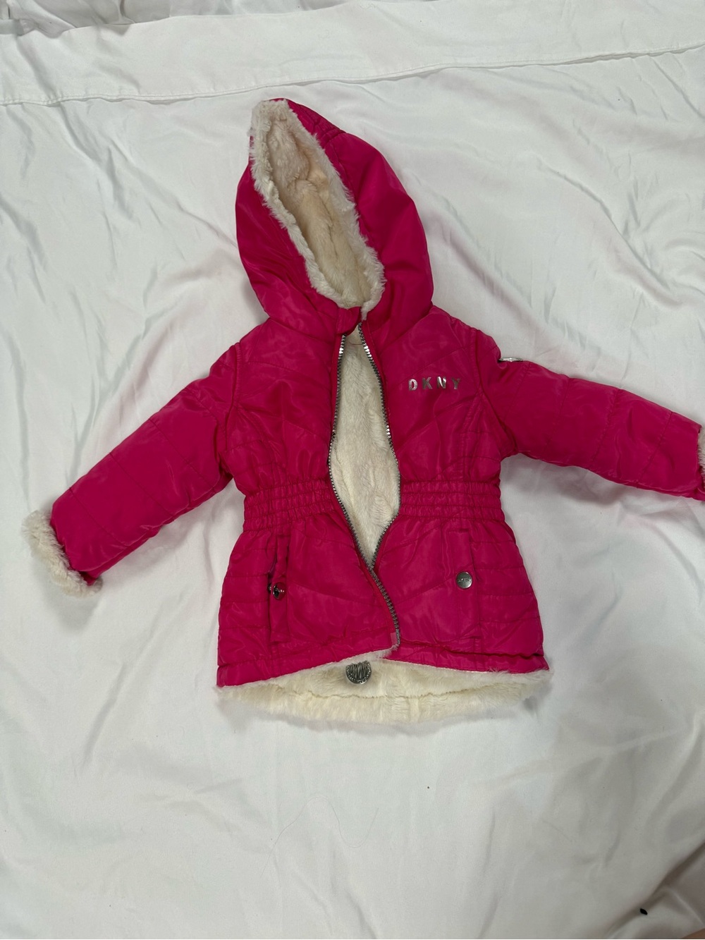 Dkny Girls Fuchsia Hooded Puffer Coat with Faux Fur Trim